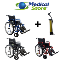 SILLA DE RUEDAS CON ELEVAPIERNAS COLORES AZUL, NEGRO Y ROJO PM-E101